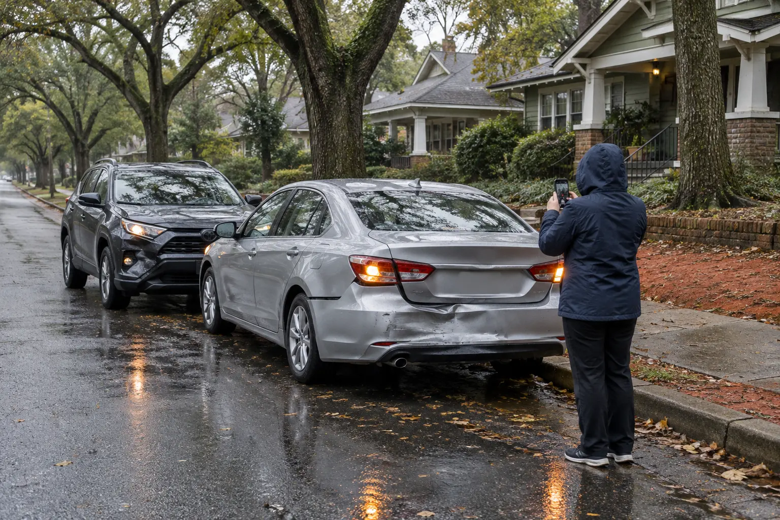 A silver sedan with a crumpled rear bumper pulled to the curb on a wet, tree-lined intown street, hazard lights on, while a person photographs the damage.